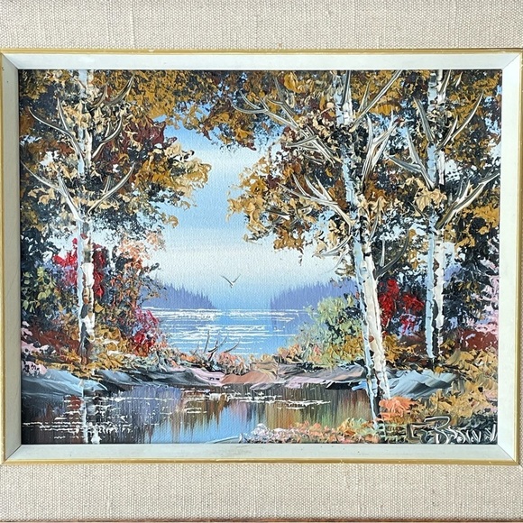 VINTAGE Oil on Canvas Painting Autumn Lake Scene Signed by Artist - Picture 6 of 12